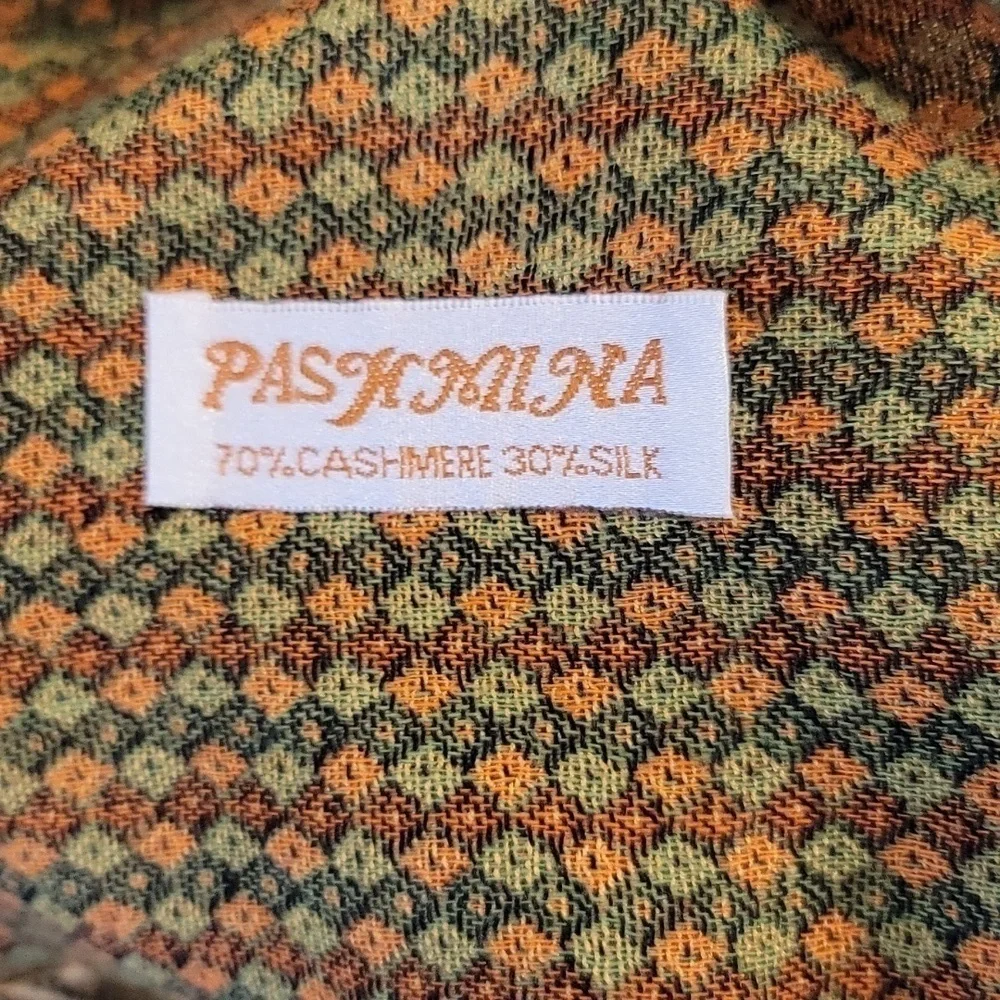 Pashmina Shawl Burnt Orange And Green Paisley Cashmere And Silk Blend